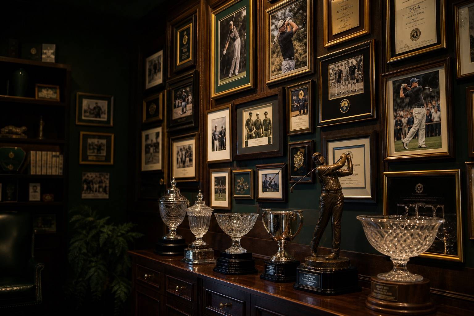 Hall of Fame corner with framed photos, plaques, and trophies
